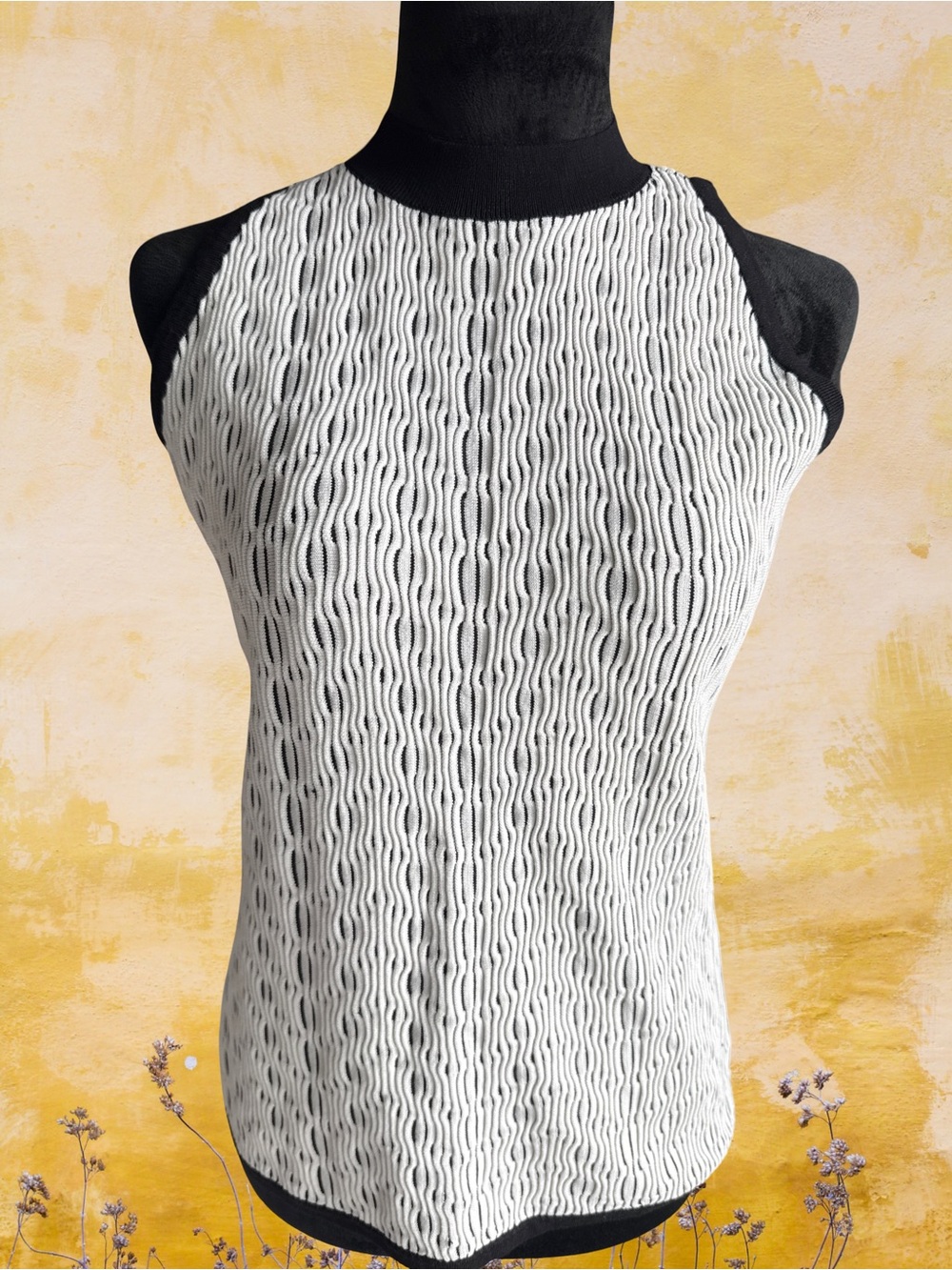 White House Black Market Black and White Textured Mock-Neck Tank